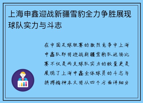 上海申鑫迎战新疆雪豹全力争胜展现球队实力与斗志