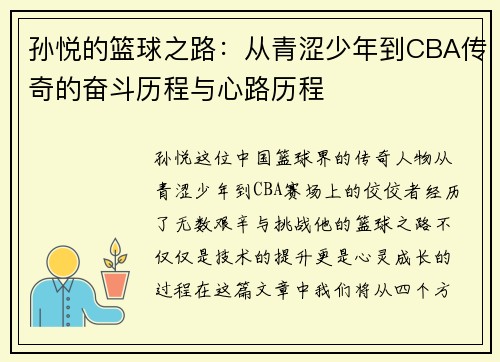 孙悦的篮球之路：从青涩少年到CBA传奇的奋斗历程与心路历程